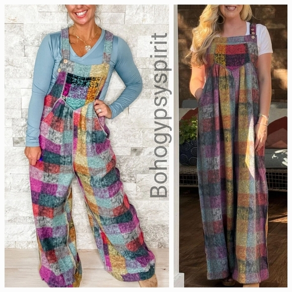 Patchwork Plaid Fleece Wideleg Jumpsuit Overalls - Picture 13 of 17